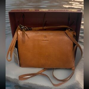 🆕 VILENCA Holland Natalia Crossbody Purse Clutch Cognac Triple Compartment NIB